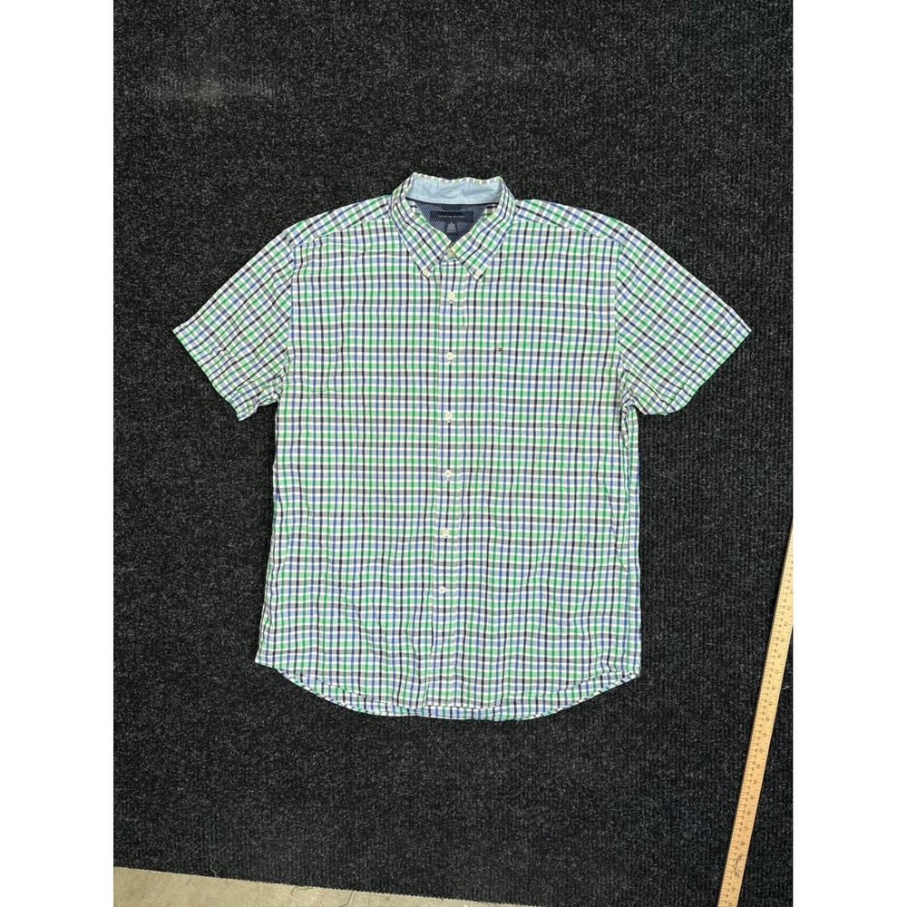 Tommy Hilfiger Mens XL Green Blue Plaid Short Sleeve Button Down Cotton Shirt